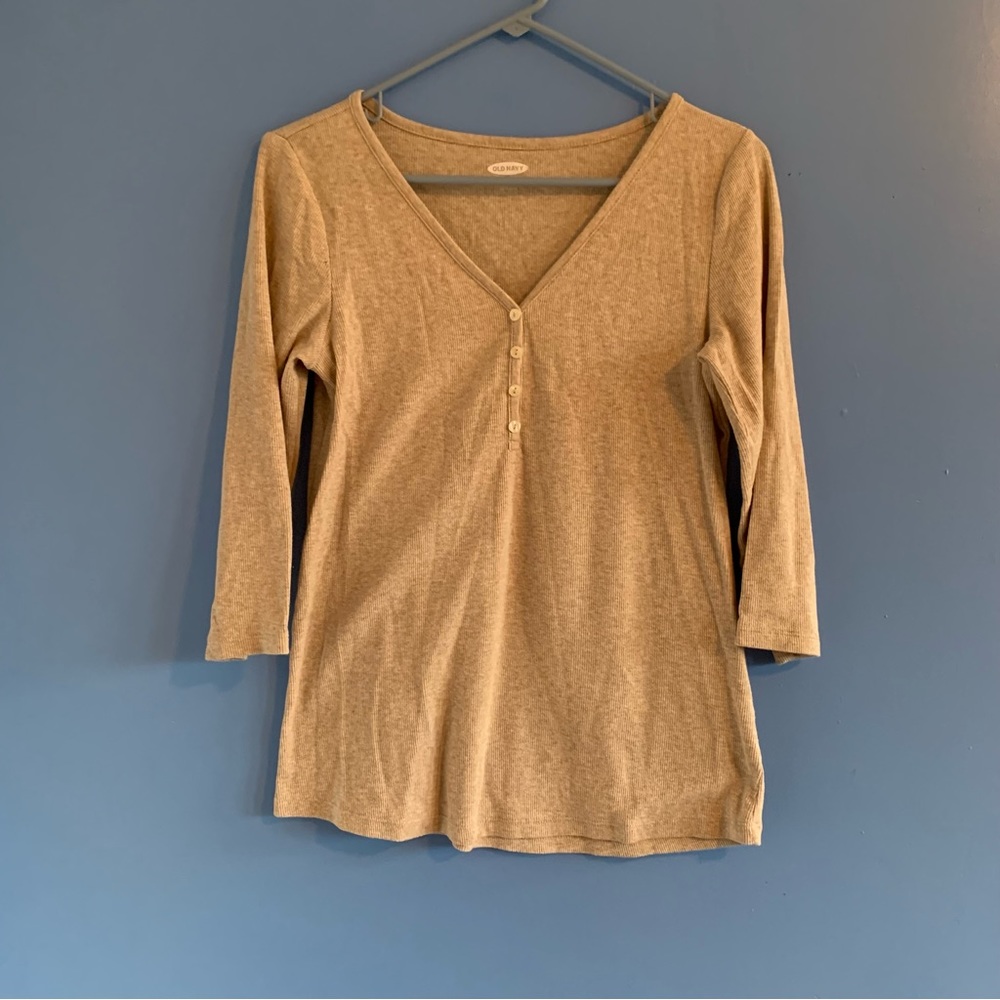 Oatmeal Cream Tan Ribbed Henley 3/4 Sleeve V-Neck Fitted Top